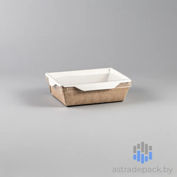 Артикул: OpSalad 500. Салатник бумажный, с прозрачной крышкой. Цвет: белый/крафт. Объем: 500 мл. Размер: 140/165 х 105/120х45 мм. Россия / Украина.