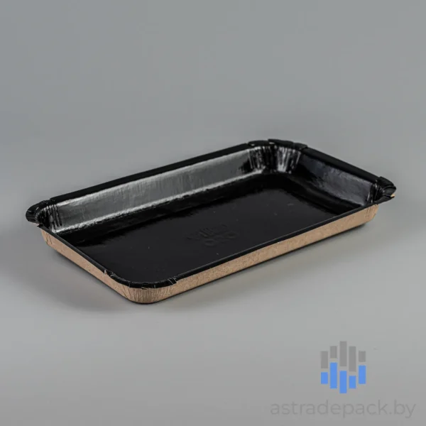 Артикул: PLATTER 400 BE. Лоток. Цвет: черный/крафт. Объем: 400 мл. Размер: 200/220 х 110/140х20 мм. Россия / Украина.